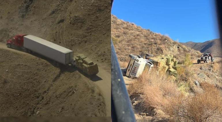 Chofer de camión de pacas evitó volcadura de tráiler; pero no la suya