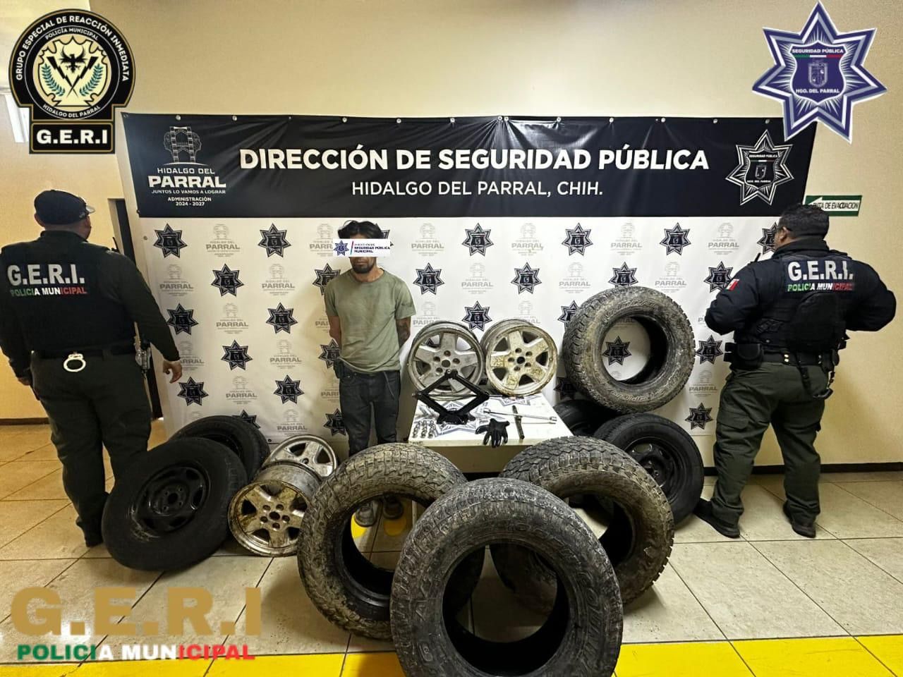 GERI detiene a sospechoso de robos en Parral; lo sorprenden con llantas y herramienta