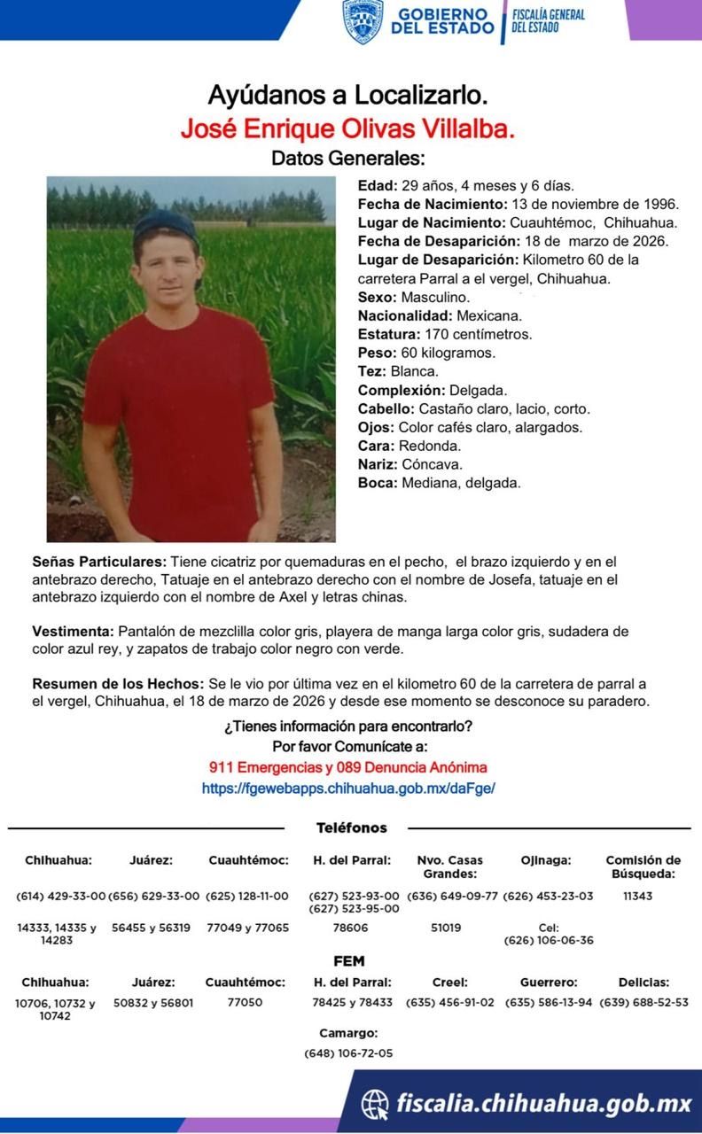Desaparece joven en la carretera Parral–El Vergel; piden apoyo para localizarlo
