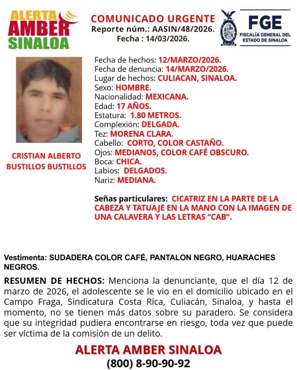 Desaparece jovencito chihuahuense de 17 años en Culiacán