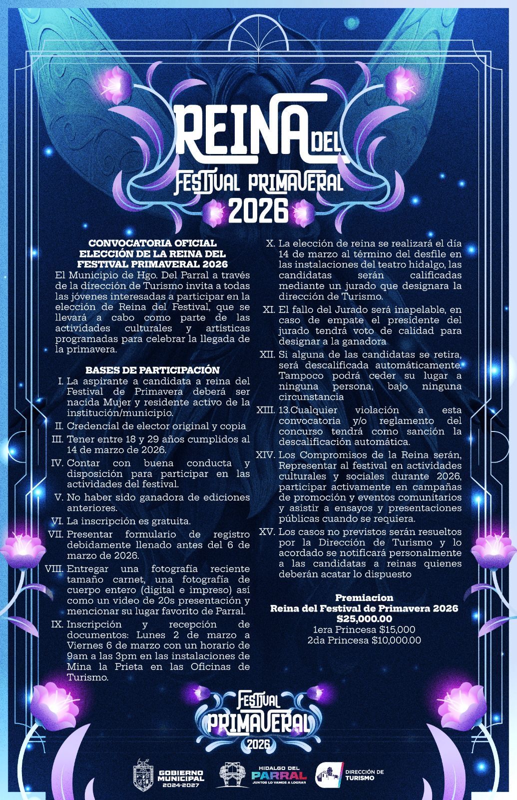 Abre el Gobierno de Parral convocatoria para elegir a la Reina del Festival Primaveral 2026