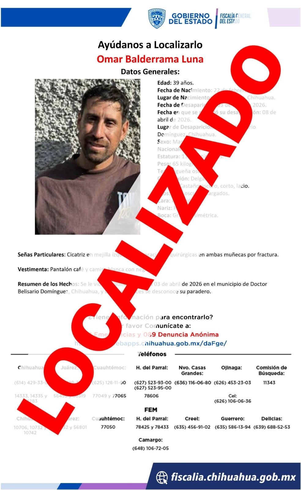 Concluye FGE búsqueda de hombre reportado como ausente en Parral